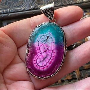 Solar Quartz Gemstone pink Blue Silver Pendant